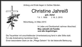 Traueranzeige von Christine Jahreiß von Frankenpost