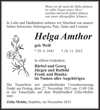 Traueranzeige von Helga Amthor von Südthüringer Presse