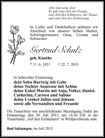 Traueranzeige von Gertrud Schulz von Südthüringer Presse