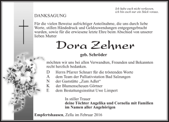 Traueranzeige von Dora Zehner von Südthüringer Presse