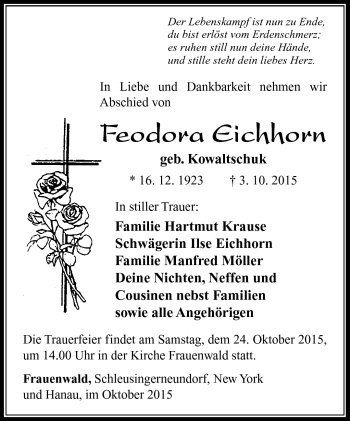 Traueranzeige von Feodora Eichhorn von Südthüringer Presse