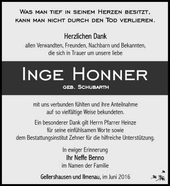 Traueranzeige von Inge Honner von Südthüringer Presse