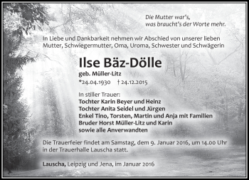 Traueranzeige von Ilse Bäz-Dölle von Südthüringer Presse