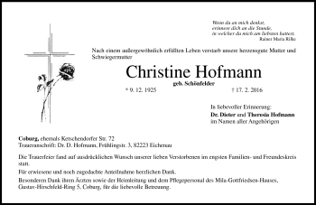 Traueranzeige von Christine Hofmann von Neue Presse Coburg