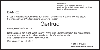Traueranzeige von Gertrud Fraunholz von Frankenpost