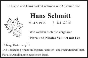 Traueranzeige von Hans Schmitt von Neue Presse Coburg