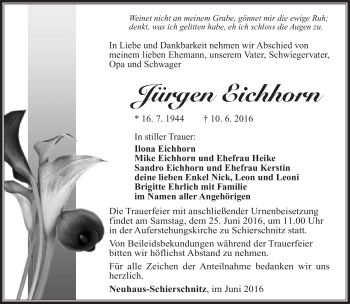Traueranzeige von Jürgen Eichhorn von Südthüringer Presse