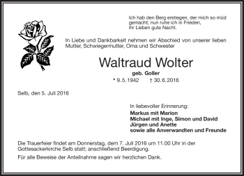 Traueranzeige von Waltraud Wolter von Frankenpost