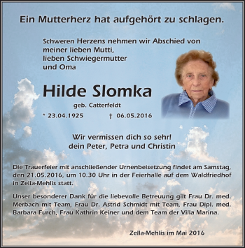 Traueranzeige von Hilde Slomka von Südthüringer Presse