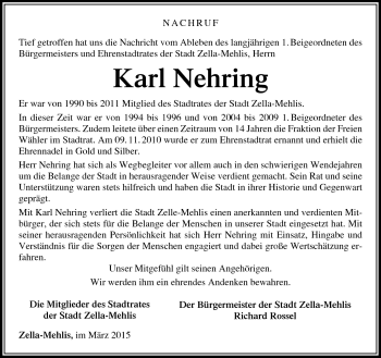 Traueranzeige von Karl Nehring von Südthüringer Presse