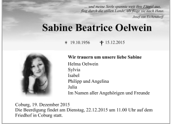 Traueranzeige von Sabine Oelwein von Neue Presse Coburg