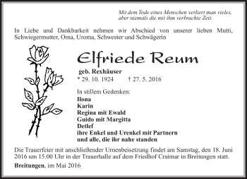 Traueranzeige von Elfriede Reum von Südthüringer Presse