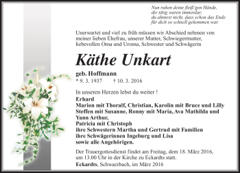 Traueranzeige von Käthe Unkart von Südthüringer Presse
