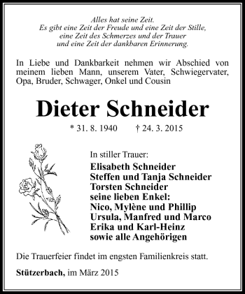 Traueranzeige von Dieter Schneider von Südthüringer Presse
