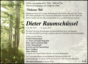 Traueranzeige von Dieter Raumschüssel von Südthüringer Presse