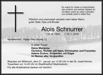 Traueranzeige von Alois Schnurrer von Frankenpost