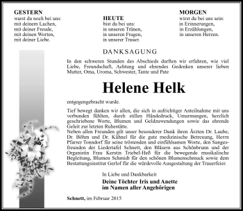 Traueranzeige von Helene Helk von Südthüringer Presse