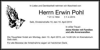 Traueranzeige von Erwin Pohl von Frankenpost