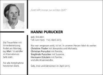Traueranzeige von Hanni Purucker von Frankenpost