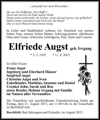 Traueranzeige von Elfriede Augst von Südthüringer Presse