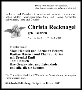 Traueranzeige von christa Recknagel von Südthüringer Presse