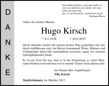 Traueranzeige von Hugo Kirsch von Südthüringer Presse