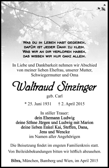 Traueranzeige von Waltraud Sinzinger von Südthüringer Presse