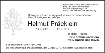 Traueranzeige von Helmut Präcklein von Neue Presse Coburg