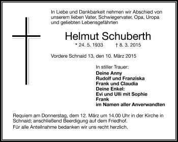 Traueranzeige von Helmut Schuberth von Frankenpost