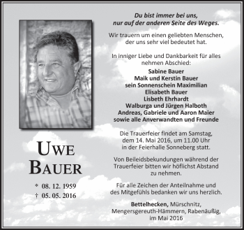 Traueranzeige von Uwe Singer von Südthüringer Presse