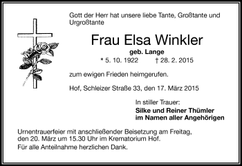 Traueranzeige von Elsa Winkler von Frankenpost