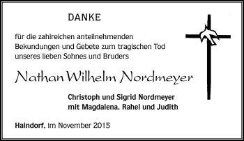 Traueranzeige von Nathan Wilhelm Nordmeyer von Südthüringer Presse