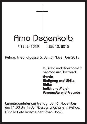 Traueranzeige von Arno Degenkolb von Frankenpost