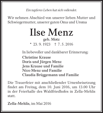 Traueranzeige von Ilse Menz von Südthüringer Presse