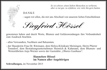 Traueranzeige von Siegfried Hössel von Südthüringer Presse