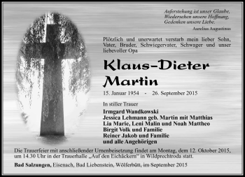Traueranzeige von Klaus-Dieter Martin von Südthüringer Presse