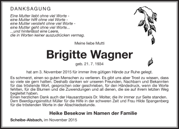 Traueranzeige von Brigitte Wagner von Südthüringer Presse