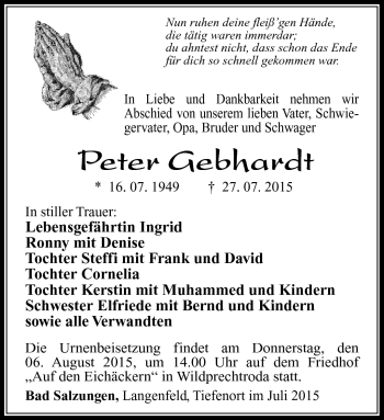 Traueranzeige von Peter Gebhardt von Südthüringer Presse