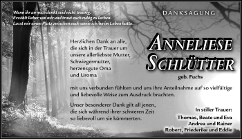 Traueranzeige von Anneliese Schlütter von Südthüringer Presse