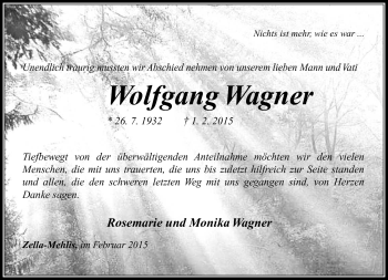 Traueranzeige von Wolfgang Wagner von Südthüringer Presse