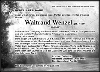 Traueranzeige von Waltraud Wenzel von Südthüringer Presse
