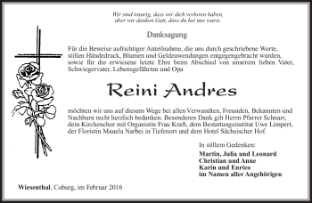 Traueranzeige von Reini Andres von Südthüringer Presse