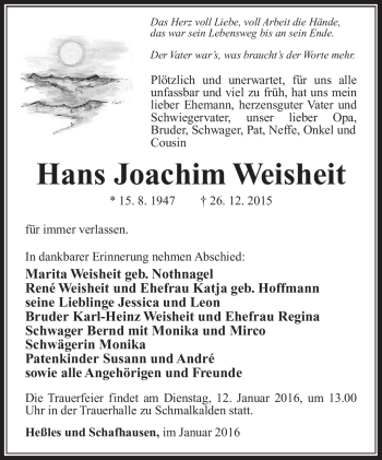 Traueranzeige von Hans Joachim Weisheit von Südthüringer Presse