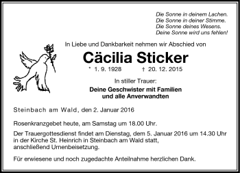 Traueranzeige von Cäcilia Sticker von Neue Presse Coburg