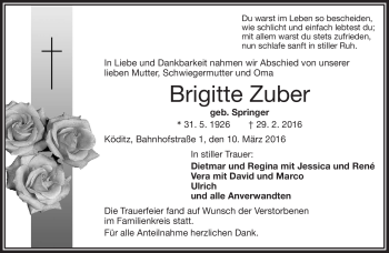 Traueranzeige von Brigitte Zuber von Frankenpost