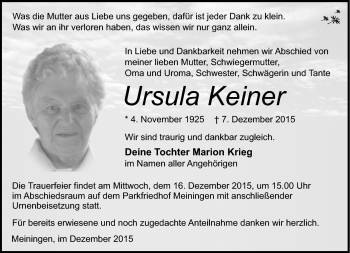 Traueranzeige von Ursula Keiner von Südthüringer Presse