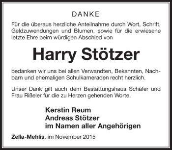 Traueranzeige von Harry Stötzer von Südthüringer Presse