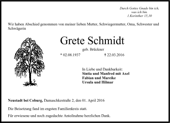 Traueranzeige von Grete Schmidt von Neue Presse Coburg