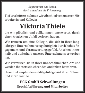 Traueranzeige von Viktoria Thiele von Südthüringer Presse