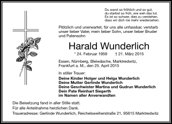 Traueranzeige von Harald Wunderlich von Frankenpost